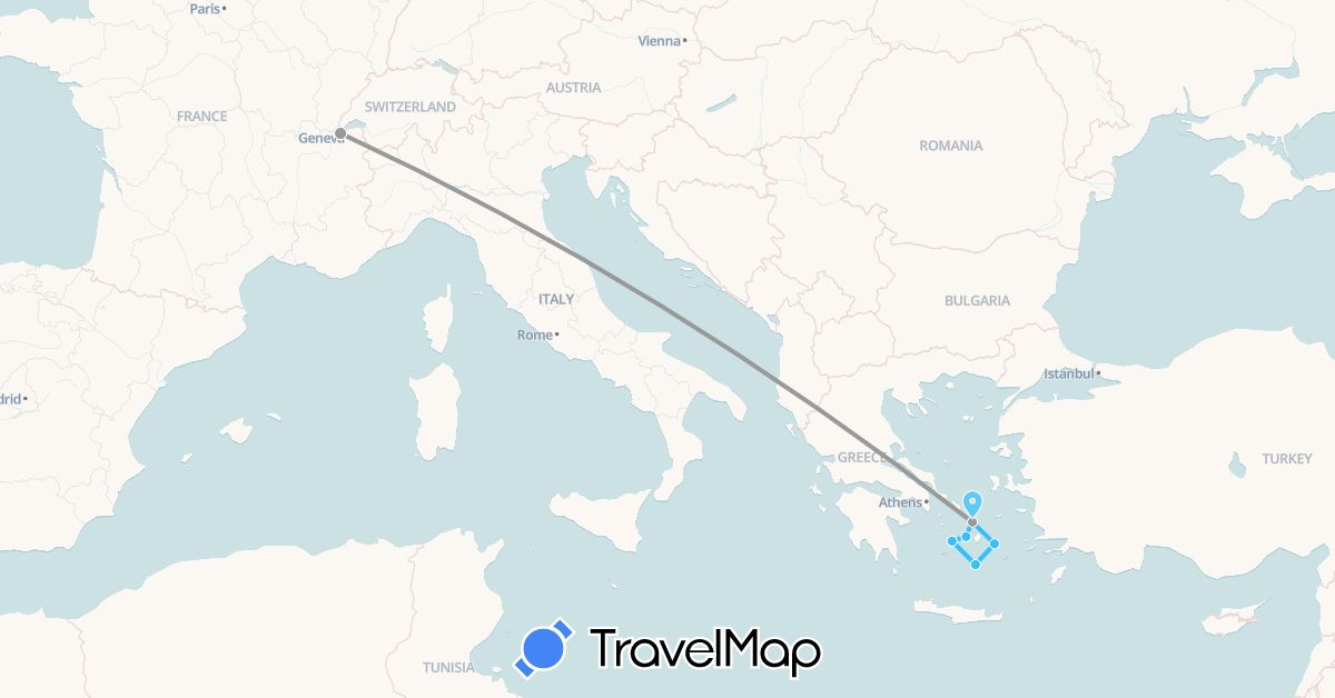 TravelMap itinerary: driving, plane, boat in Switzerland, Greece (Europe)